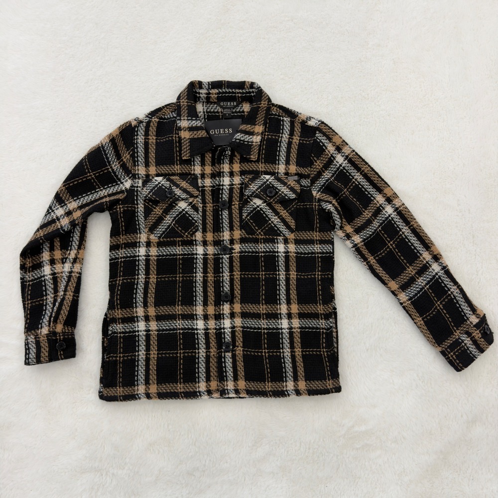 Guess Los Angeles Kids Plaid Tweed Shirt Jacket Black Tan Size 8 L5RHA1W1503